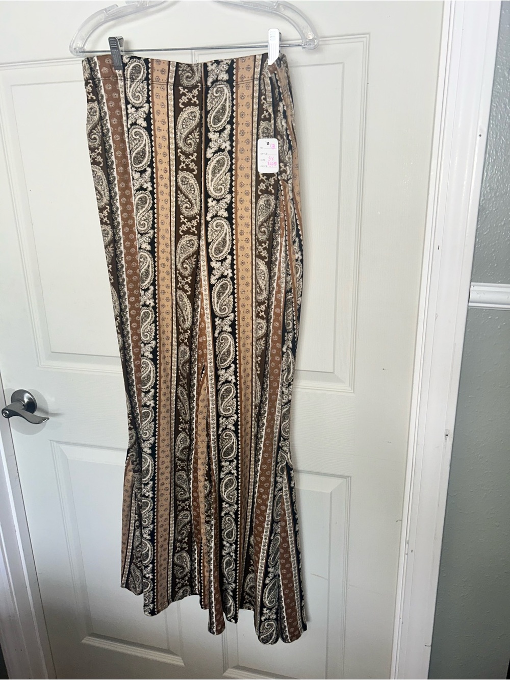 Boho Paisley Striped Flare Pants in Brown and Cream